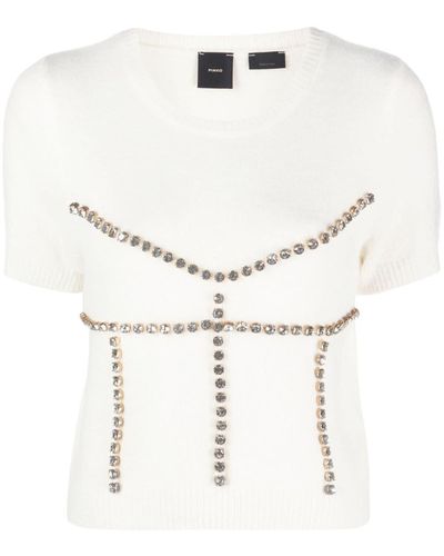 Pinko Crystal-embellished Short-sleeve Knitted Top - White