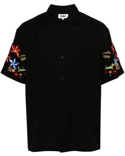 YMC Idris Floral-embroidered Shirt - Black