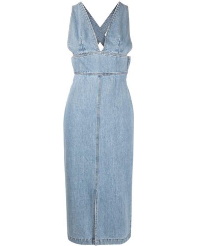 Closed Sleeveless Denim Midi Dress - Blue