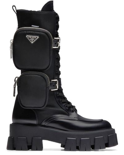 Prada Monolith Leather & Nylon Tall Combat Boots - Black