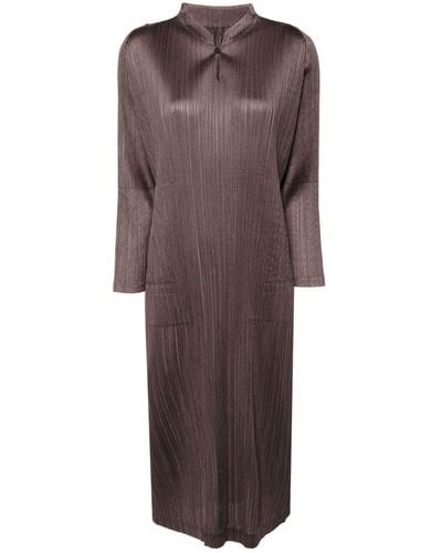 Pleats Please Issey Miyake Long-sleeved Pleated Shift Dress - Brown
