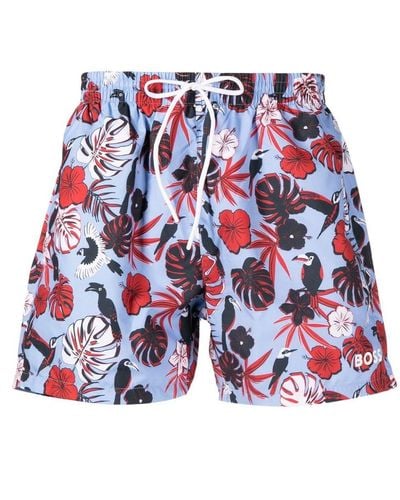 BOSS Piranha Floral-print Swim Shorts - Red