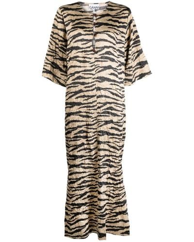 Ganni Tiger-print Crinkled Maxi Dress - Brown