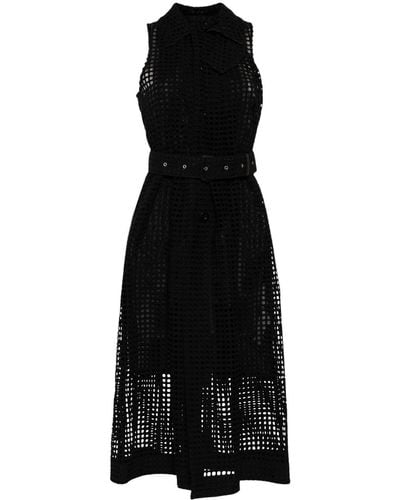 Sacai Belted Cotton-mesh Midi Shirt Dress - Black