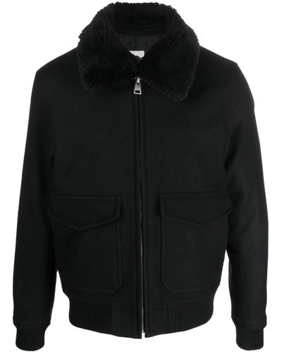 Sandro Shearling-collar Wool-blend Shirt Jacket - Black