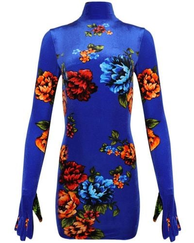 Vetements Floral-print Velvet Minidress - Blue