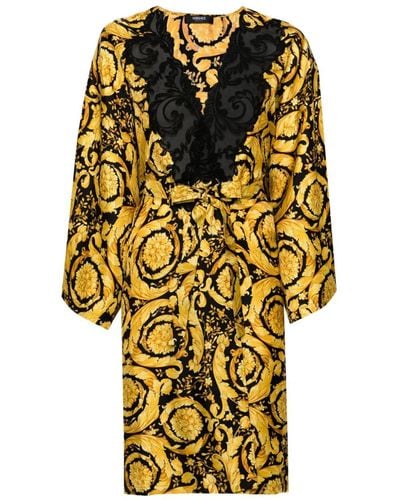 Versace Barocco-print Silk Robe - Yellow