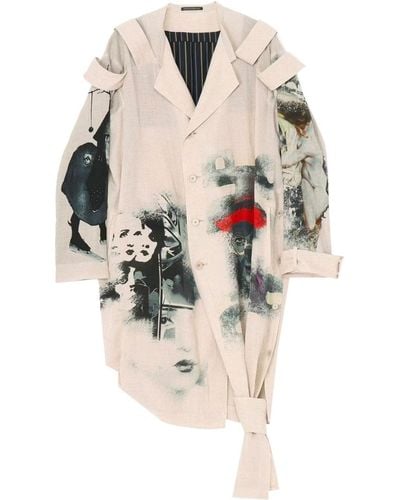 Yohji Yamamoto Lange Schulterklappen-Jacke mit künstlerischem Print - Natur