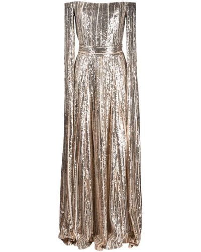 Elie Saab Off-the-shoulder Cape-effect Sequined Tulle Gown - Natural