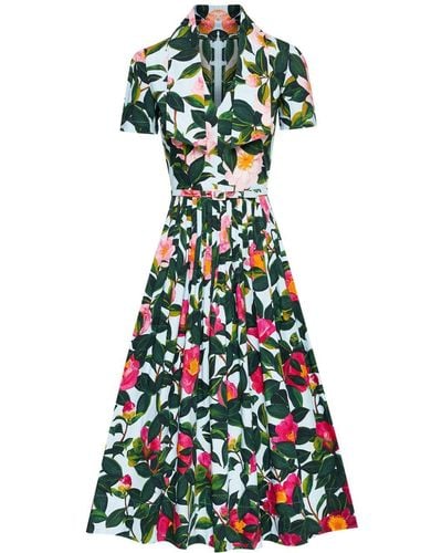 Oscar de la Renta Floral-print Belted-waist Dress - Green