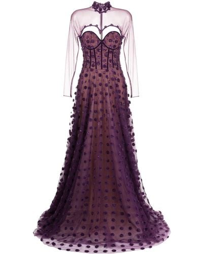 Saiid Kobeisy Polka Dot Beaded Tulle Gown - Purple