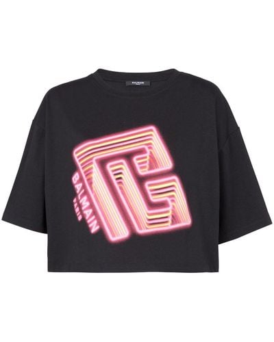 Balmain Cropped-T-Shirt mit Logo-Print - Schwarz