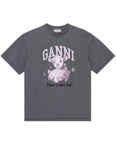 Ganni Graphic-print Organic-cotton Blend T-shirt - Grey