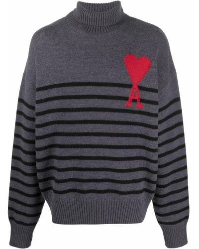 Ami Paris Ami De Coeur Striped Sweater - Gray
