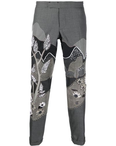 Thom Browne Embroidered Tailored-cut Pants - Gray