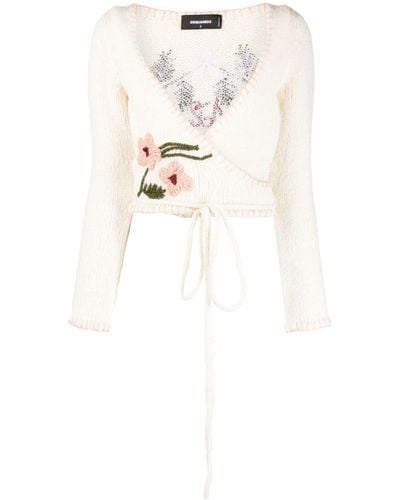 DSquared² Floral-embroidery Wrap Cropped Cardigan - White