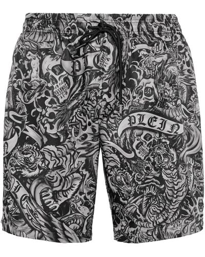 Philipp Plein Tattoo-print Drawstring Swim Shorts - Grey