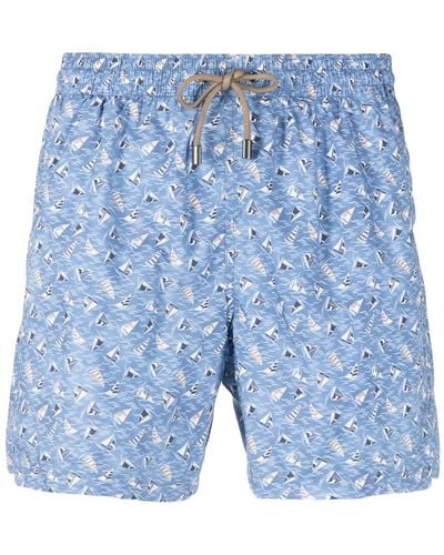 Canali Graphic-print Drawstring Swim Shorts - Blue