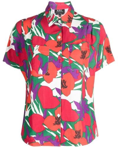 A.P.C. Floral-print Short-sleeved Shirt - Red