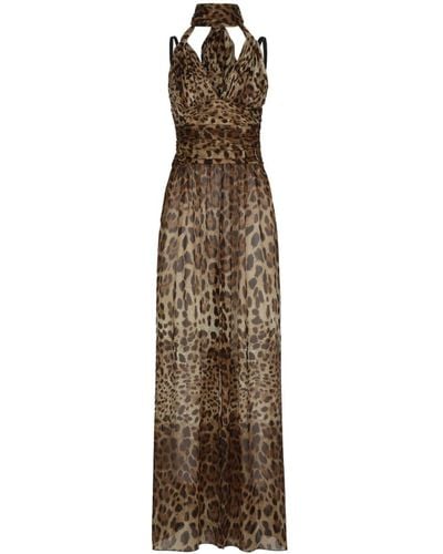Dolce & Gabbana Leopard-print Halterneck Silk Gown - Natural