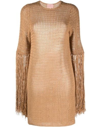 Liya Open-knit Fringe-detail Mini Dress - Natural