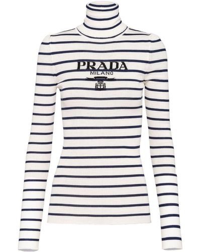 Prada Logo-intarsia Striped Jumper - White