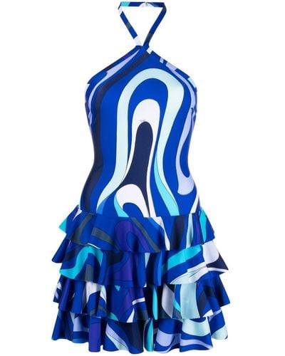 Emilio Pucci Marmo-print Halterneck Minidress - Blue
