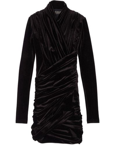Balenciaga Velvet Long-sleeve Mini Dress - Black