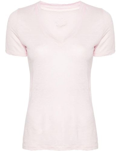 120% Lino Leinen-T-Shirt mit V-Ausschnitt - Pink