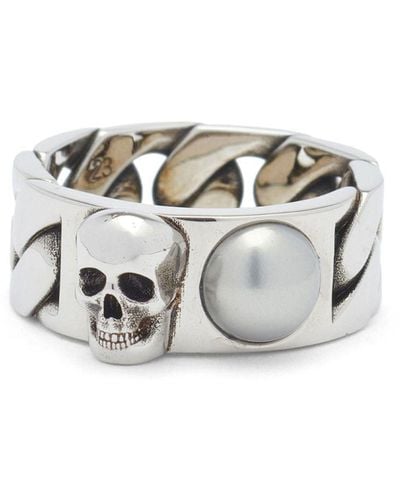 Alexander McQueen Pearl And Skull Chain Ring - Metallic