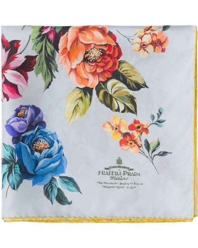 Prada Floral-print Branded Silk-twill Scarf - Blue