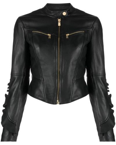 Pinko Cropped Leather Biker Jacket - Black