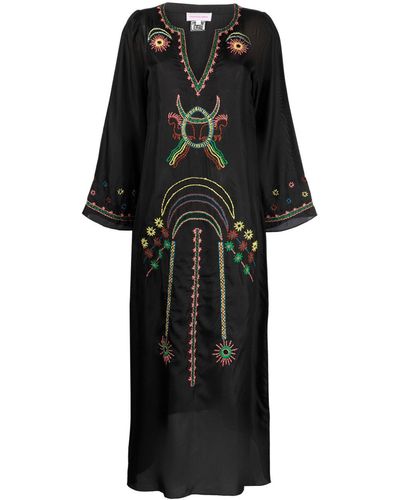 Muzungu Sisters Embroidered Split-neck Silk Dress - Black