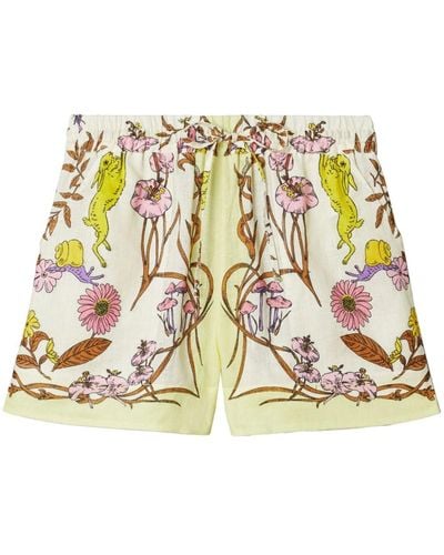 Tory Burch Floral-print Linen Shorts - Metallic