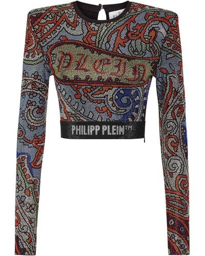 Philipp Plein ペイズリー ラインストーン クロップドトップ - ブラック