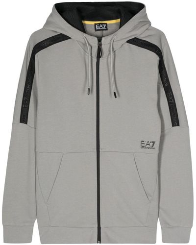 EA7 Logo-raised Zipped Hoodie - Grey