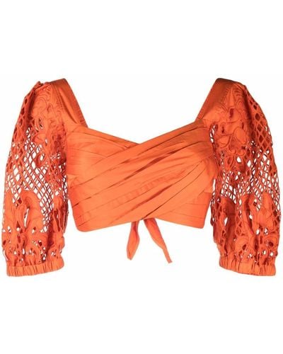 Self-Portrait Orange Lace Puff-sleeves Crossover Cropped Top