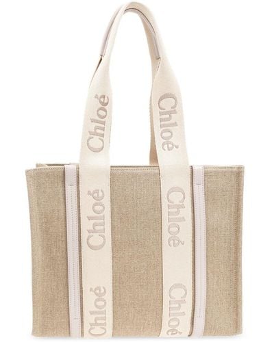 Chloé Medium Woody Logo-strap Linen Tote Bag - Natural