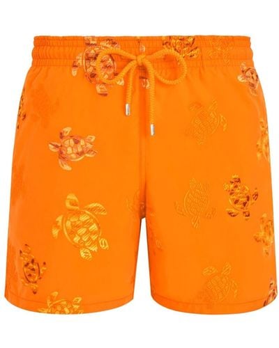 Vilebrequin Mistral Tortue-print Embroidered Swim Shorts - Orange