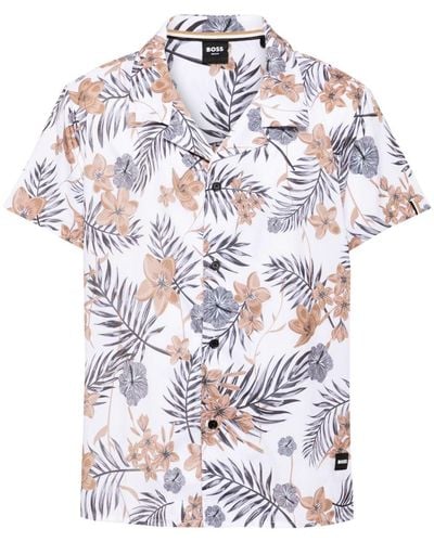 BOSS Beach Tropical-print Short-sleeve Shirt - White