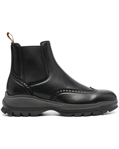 Santoni Leather Brogue Chelsea Boots - Black