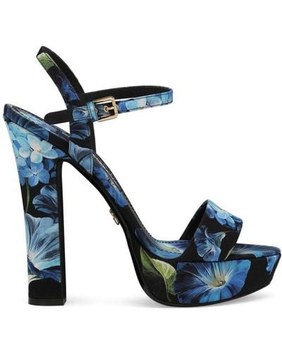 Dolce & Gabbana Floral-print Charmeuse Platform Sandals - Blue