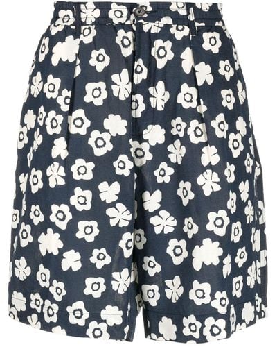 Universal Works Floral-print Pleated Shorts - Blue