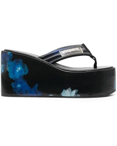 Coperni Floral-print Holographic Wedge Sandals - Blue