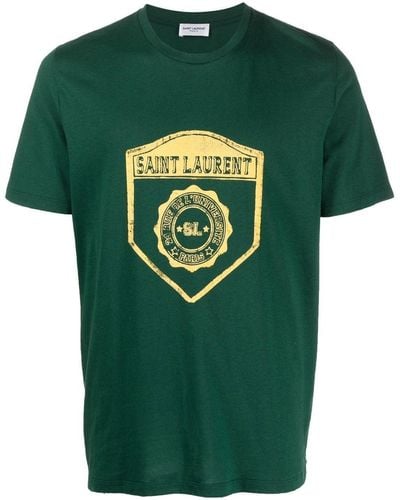 Saint Laurent T-shirt in jersey di cotone con logo stampato - Verde
