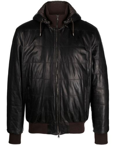 Barba Napoli Funnel-neck Leather Hooded Jacket - Black