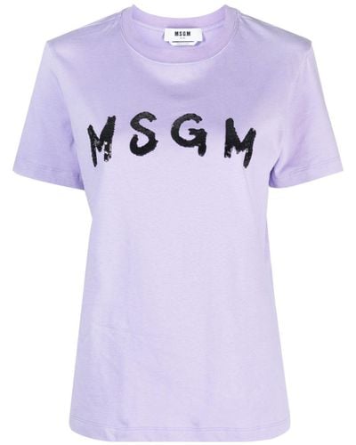 MSGM Sequin Logo-detail Cotton T-shirt - Blue