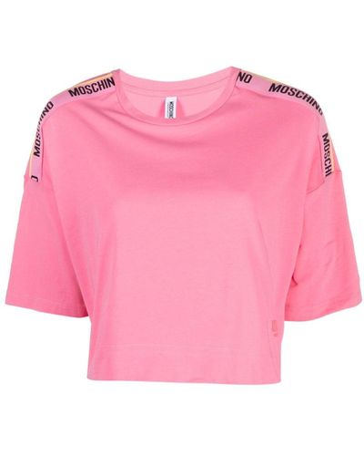 Moschino T-shirt Van Stretchkatoen Met Logoband - Roze