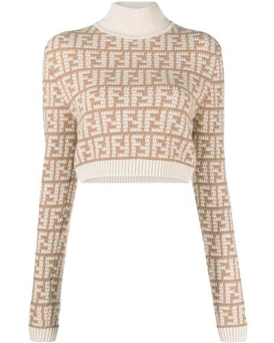 Fendi Ff Jacquard Cashmere Cropped Jumper - Natural