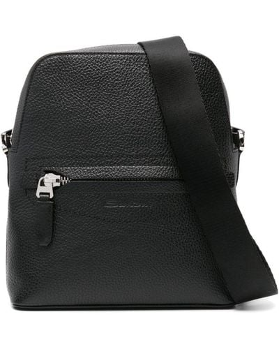 Santoni Logo-debossed Leather Messenger Bag - Black